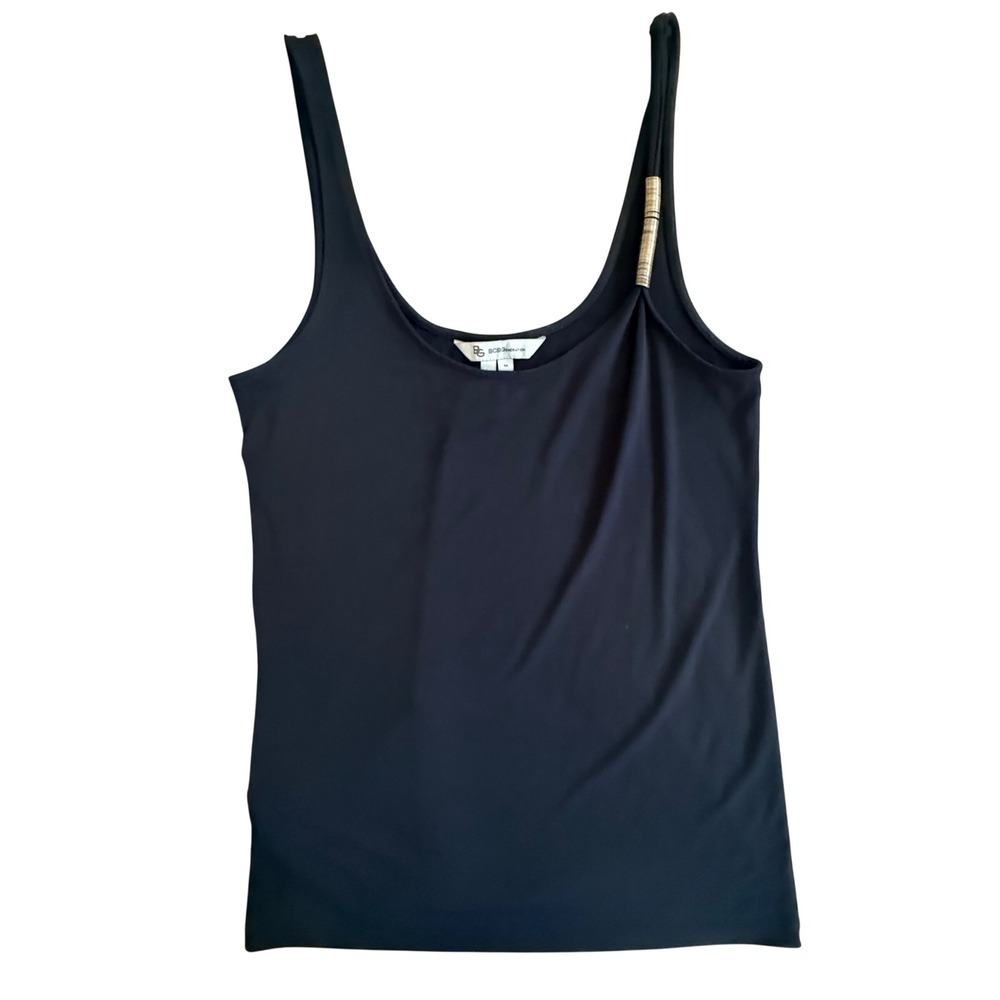 BCBG Goddess Black Scoop Neck Tank Top Metal Rings Shoulder Detail Womens M